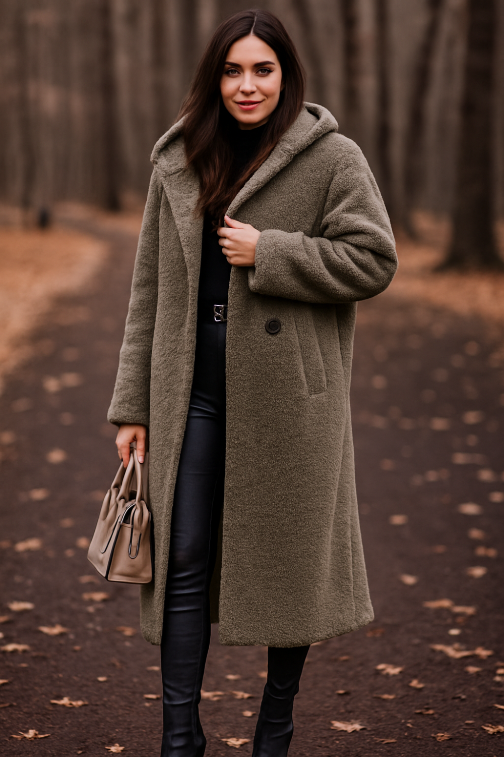 coat, longline, lined, hooded, buttoned, pocketed, thick, oversized, slightly stretchy, front view
