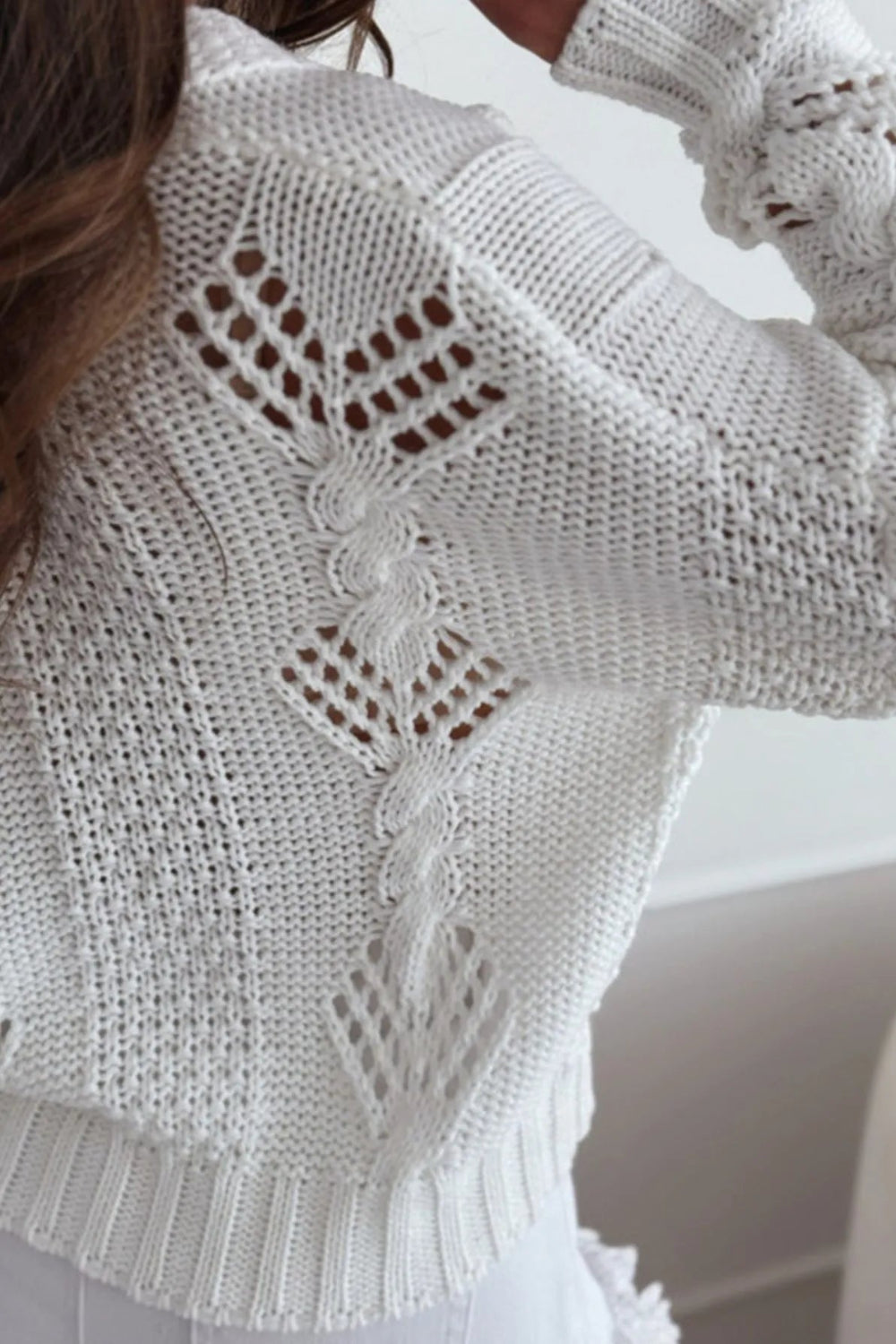 Cardigan, long sleeve, drop shoulder, openwork, cable knit, v-neck, buttoned, no stretch back view