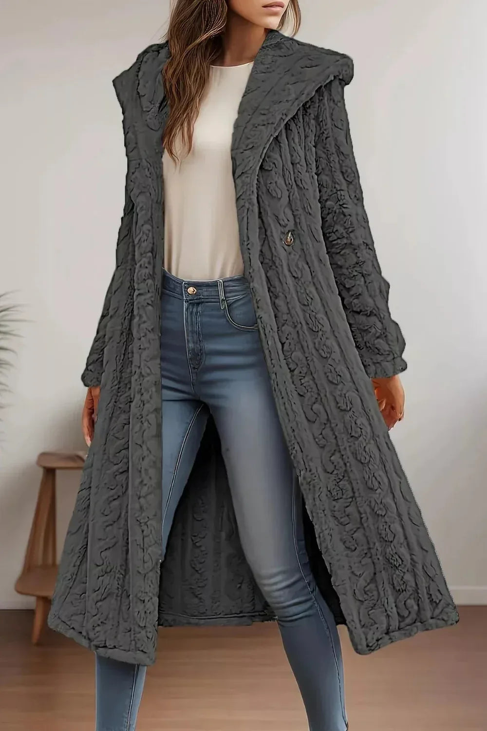 Longline coat, hooded, buttoned, pocketed, thick, lined, oversized, cable-knit design, some stretch, front view