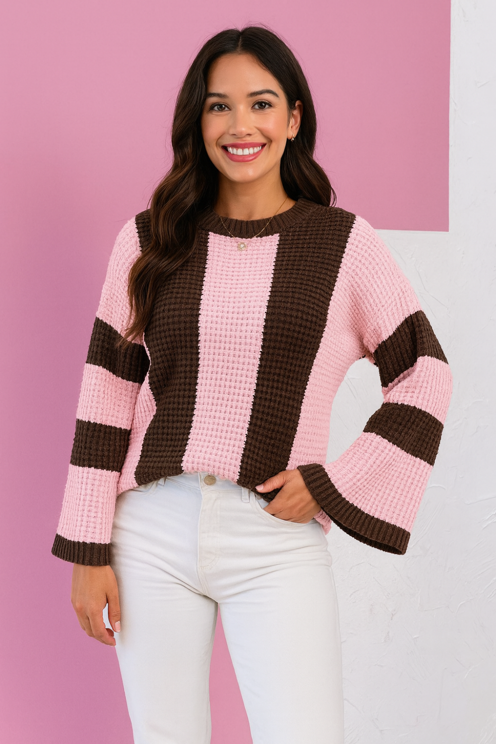 sweater, long sleeve, round neck, drop shoulder, waffle knit, striped, oversized, stretchy, front view
