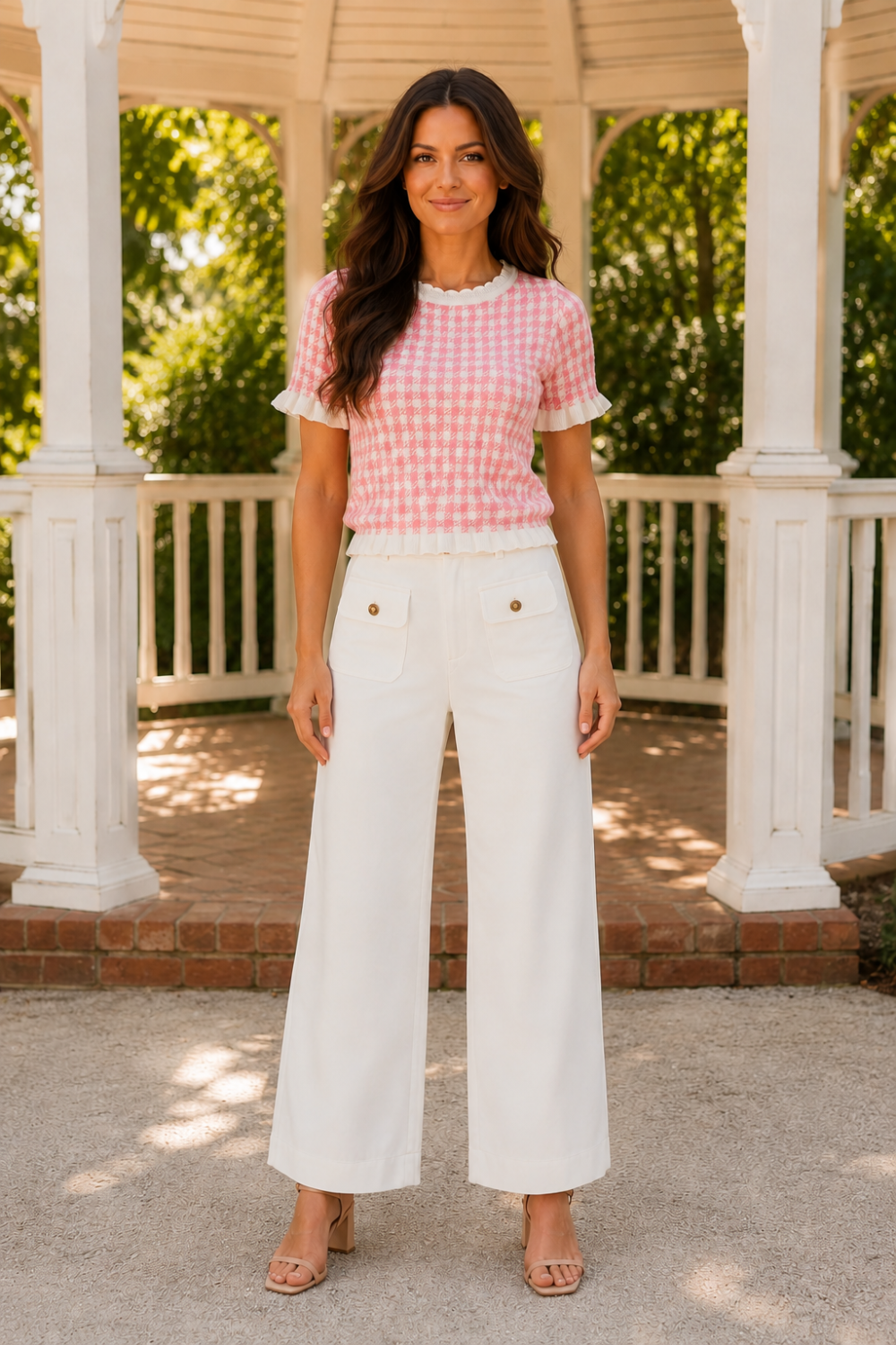 * Gingham
* Knit
* Ruffled
* Short sleeves
* Round scalloped neck
* Ribbed
* Stretchy