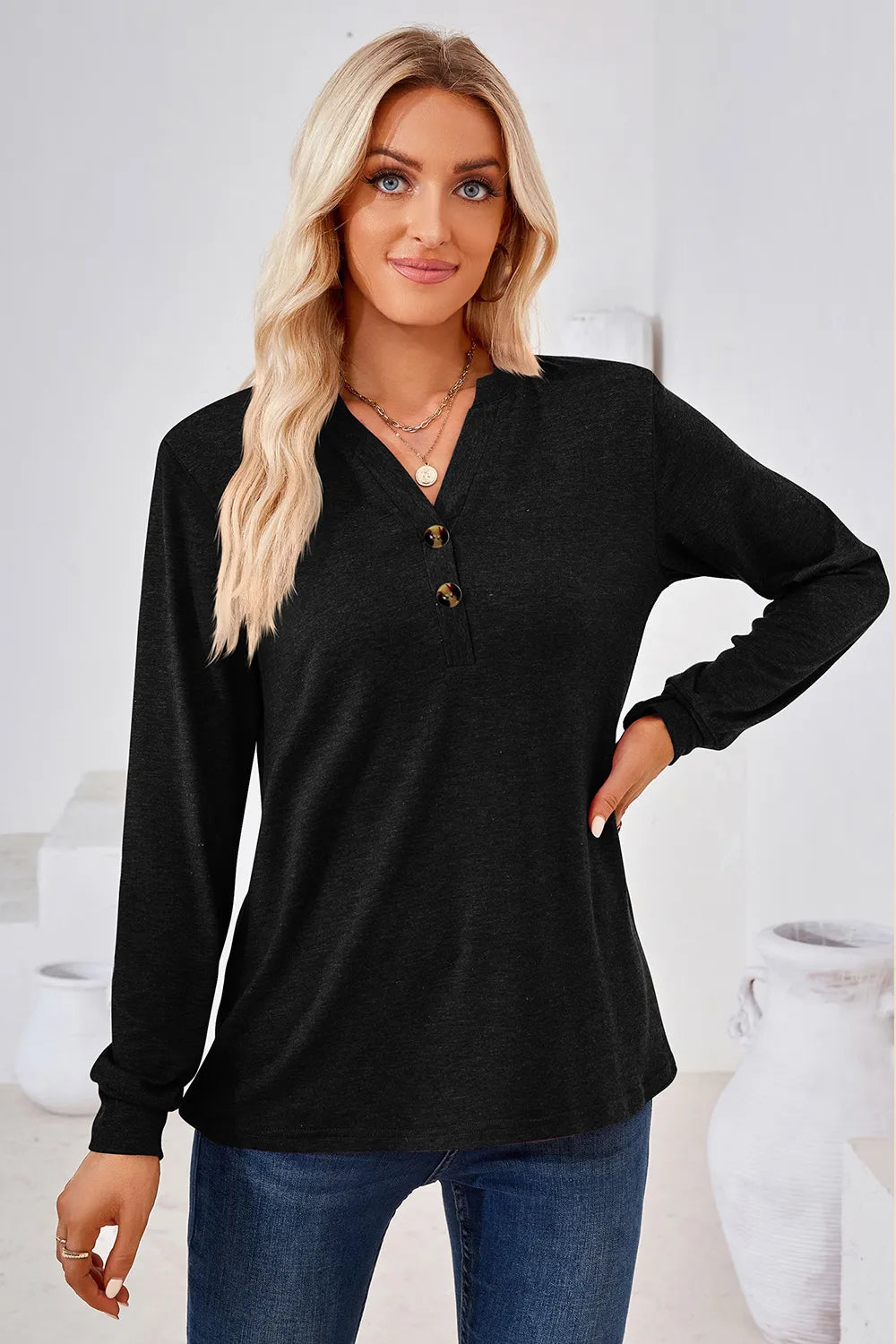 t-shirt, pullover, long sleeve, notch neck, buttoned, opaque, slightly stretchy, front view