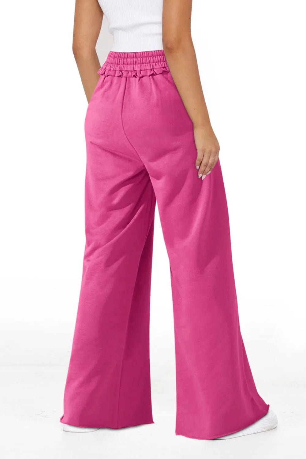 Pants, high waist, drawstring, elastic waist, opaque, frill, wide leg, pocketed, no stretch back view