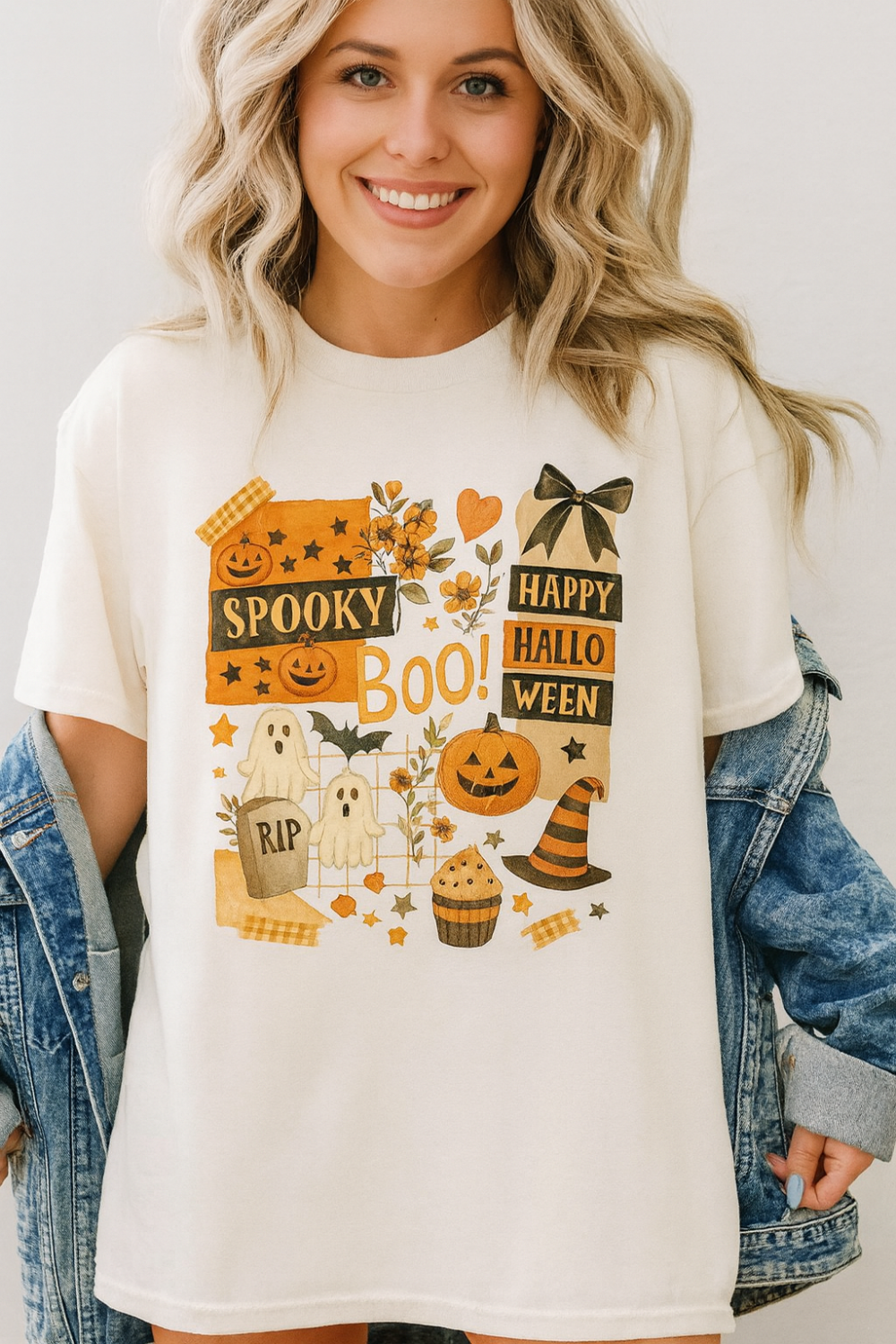 T-shirt, graphic, short sleeve, crew neck, DTF print, Halloween Collage Print, stretchy front view