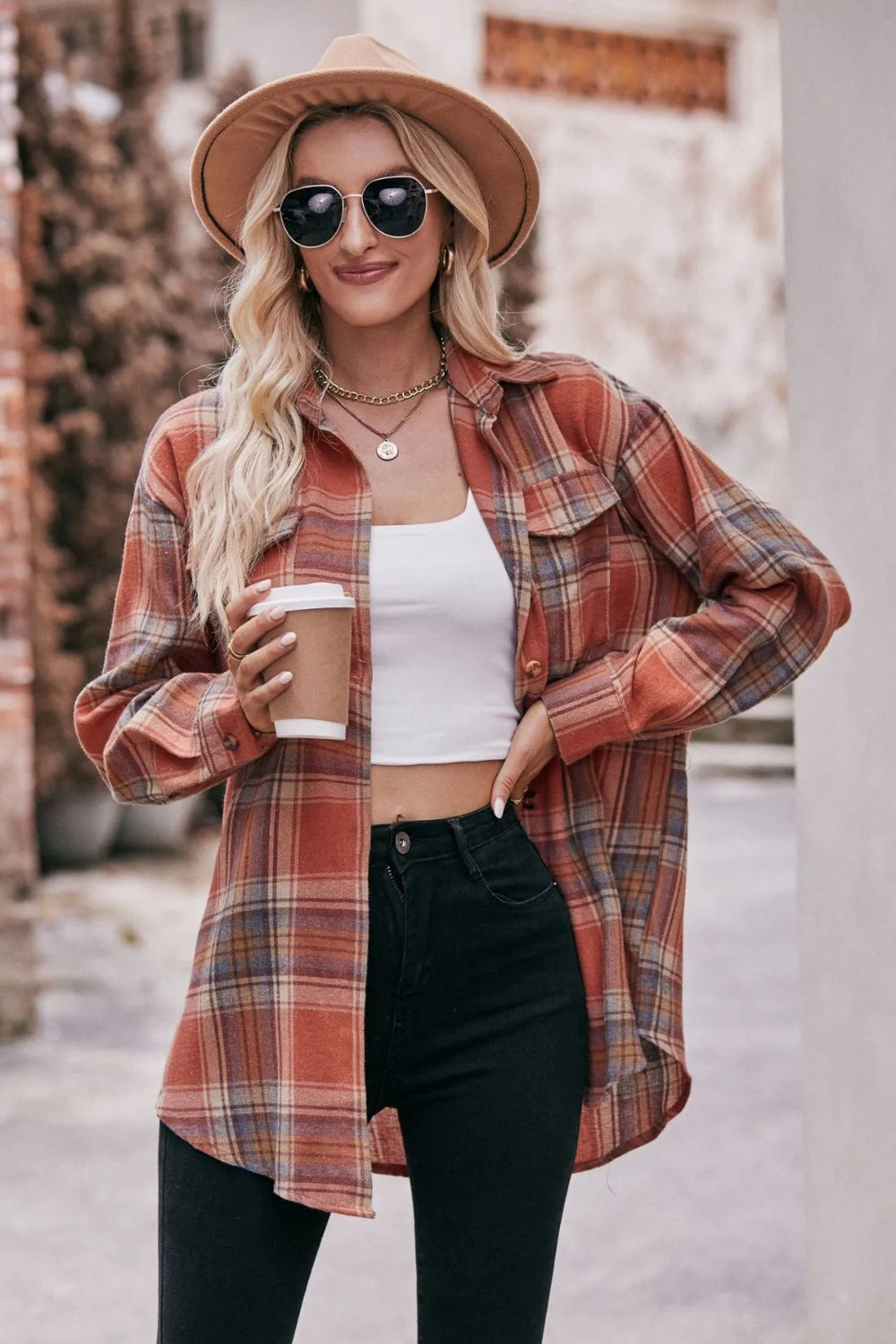 Long sleeve shirt, plaid, collared, pocketed, buttoned, oversized, drop shoulder, no stretch, many colors, front view