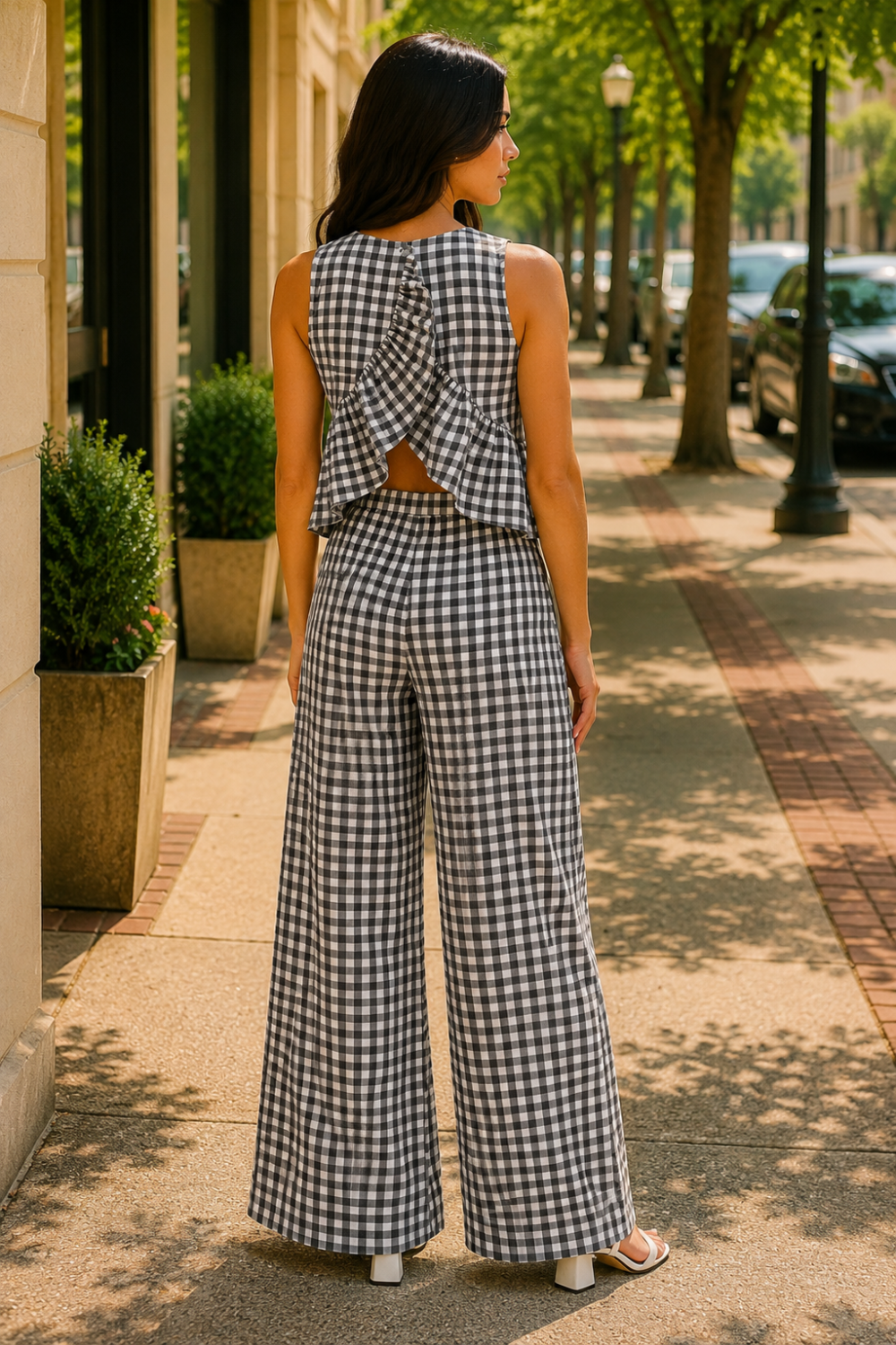 * Two-piece set
* Round neck
* Sleeveless
* Buttoned back closure
* Elastic waist
* Wide leg
* Ruffled
* No stretch