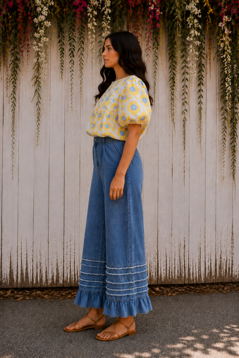 * Chambray 
* Wide-leg
* Ruffled hem
* Fringe
* Drawstring
* High-waist
* Pocketed
* Some stretch