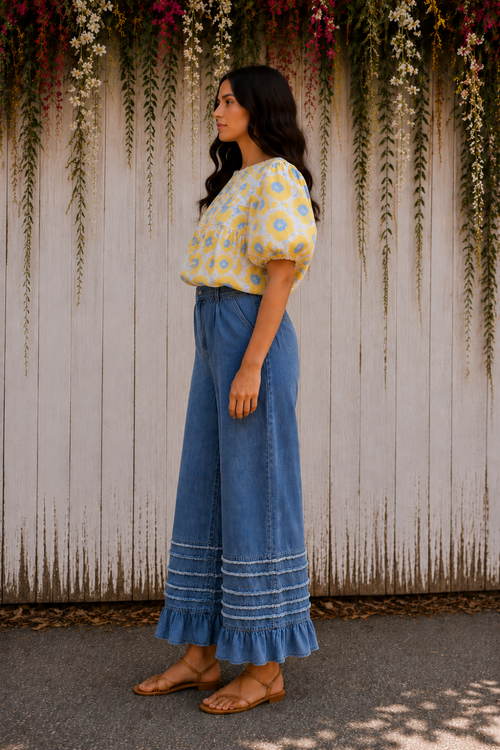 * Chambray 
* Wide-leg
* Ruffled hem
* Fringe
* Drawstring
* High-waist
* Pocketed
* Some stretch