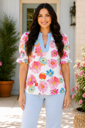 * Notch neck
* Short ruched puff sleeves
* Contrast trim
* Slightly stretchy
