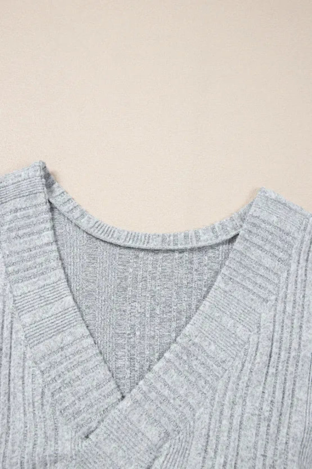 Long sleeve, Round neck, Ribbed, Light Gray, Drop shoulder, Crossover back, Backless, Stretchy Top Close Up View