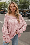 Sweater, pullover, long sleeve, off-shoulder, drop sleeve, cable knit, openwork, oversized, stretchy, front view
