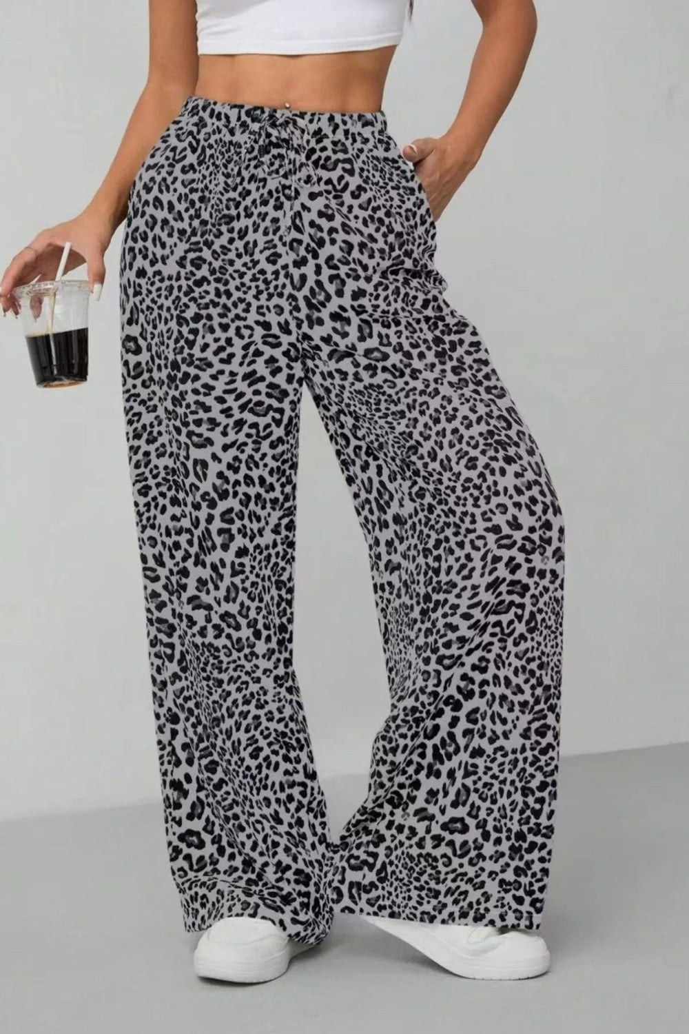 Pants, leopard print, high waist, elastic waistband, drawstring, pocketed, no stretch front view