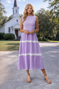 * Midi Dress
* Smocked
* Sleeveless
* Lace
* Tiered
* Unlined
* Round neck
* Stretchy