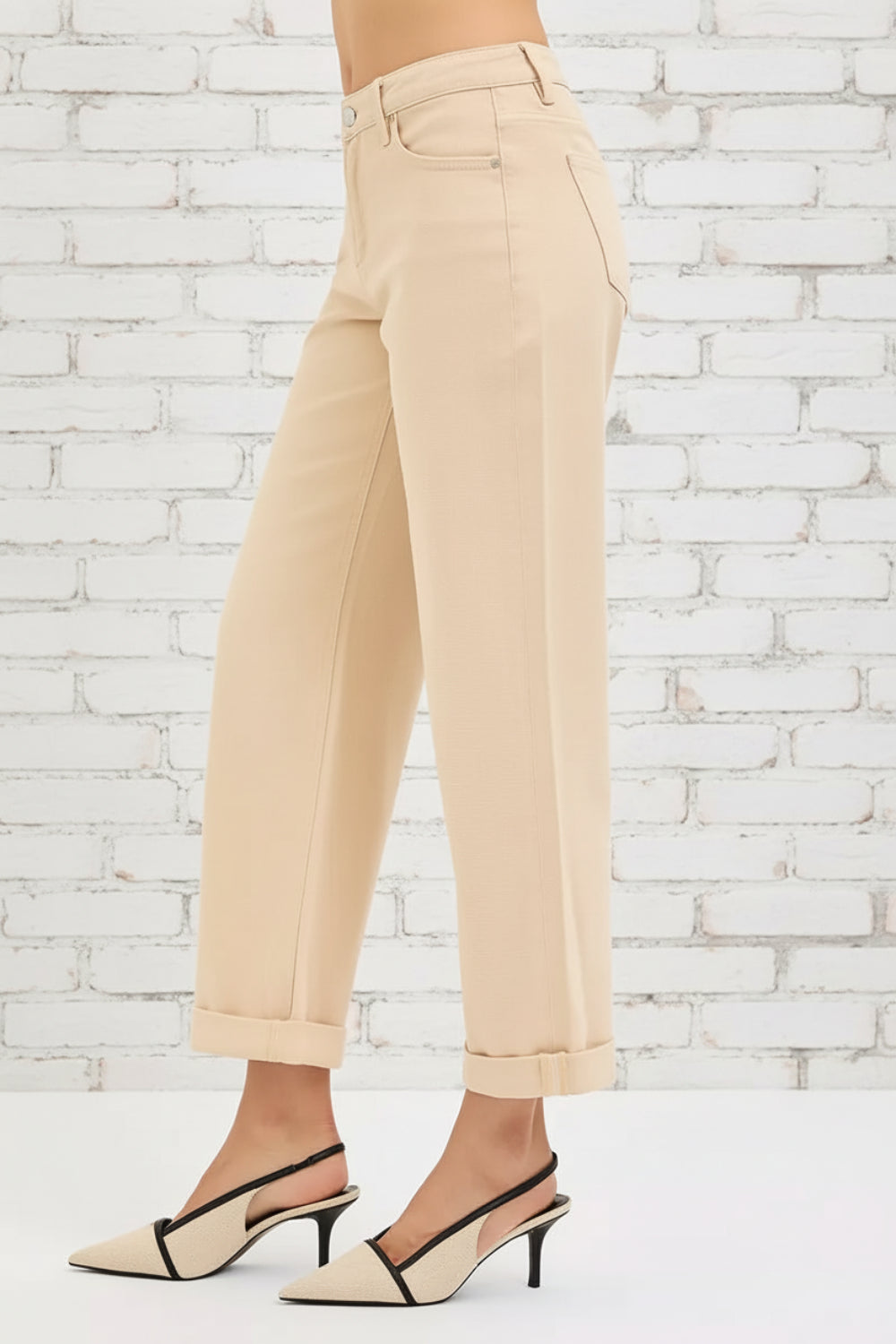 Risen, high-rise, tummy control, relaxed fit, wide leg, cuffed, pocketed, belt loops, button/zipper closure, stretchy, side view