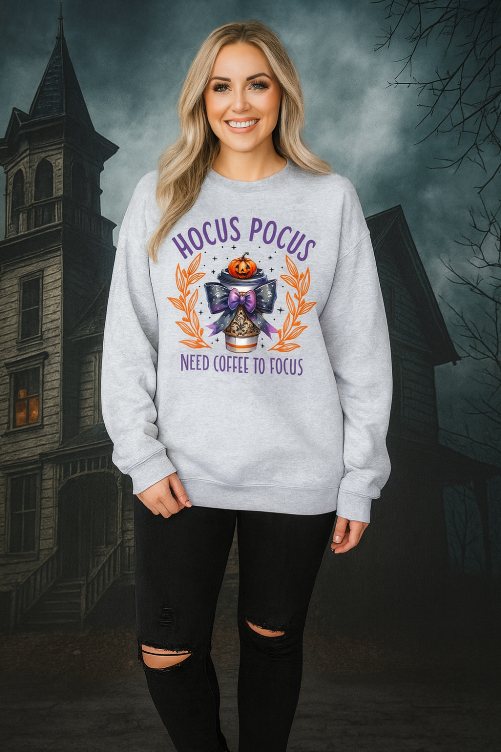 graphic sweatshirt, pullover, long sleeve, round neck, drop shoulder, oversized, several colors, front view