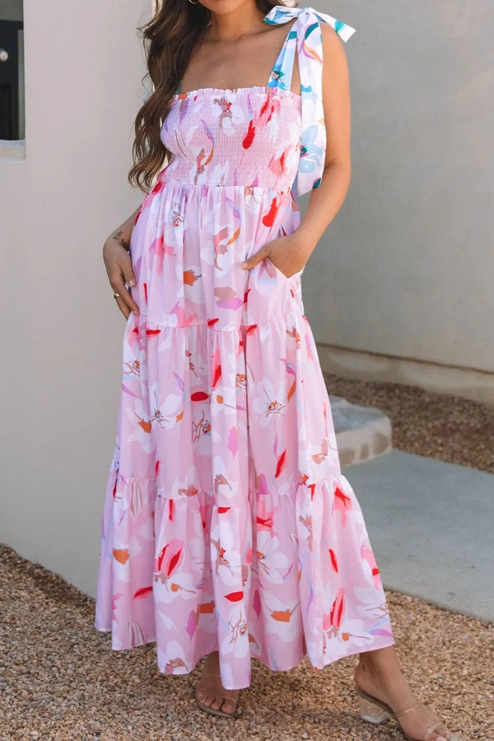 Maxi dress, floral print, smocked, knotted tie shoulder, tiered, ruffled, opaque, unlined, no stretch front view