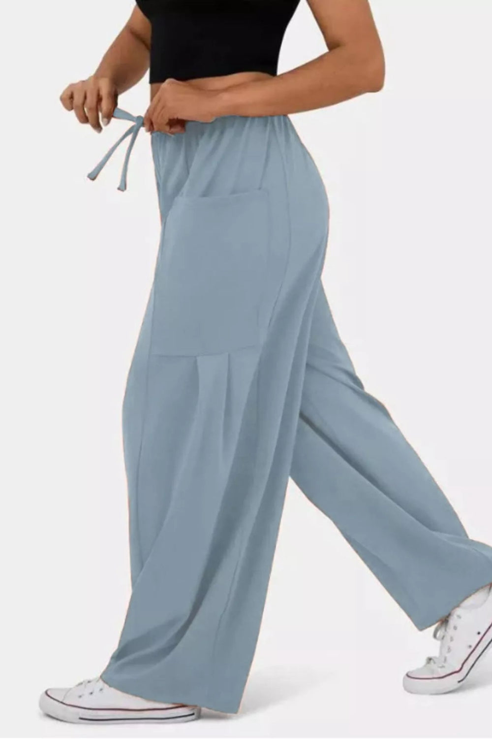 Pants, wide leg, drawstring waist, high-waist, pocketed, pleated at pockets, long, stretchy, side view