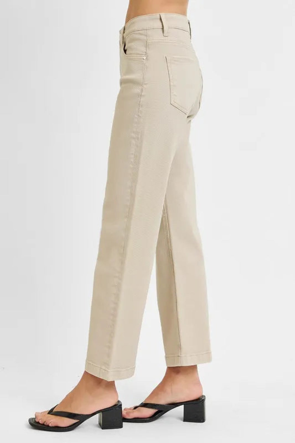 Risen jeans, full-size mid-rise, tummy control, 5-pocket detail, button-zipper closure, belt looped, straight leg, ankle length, slightly stretchy