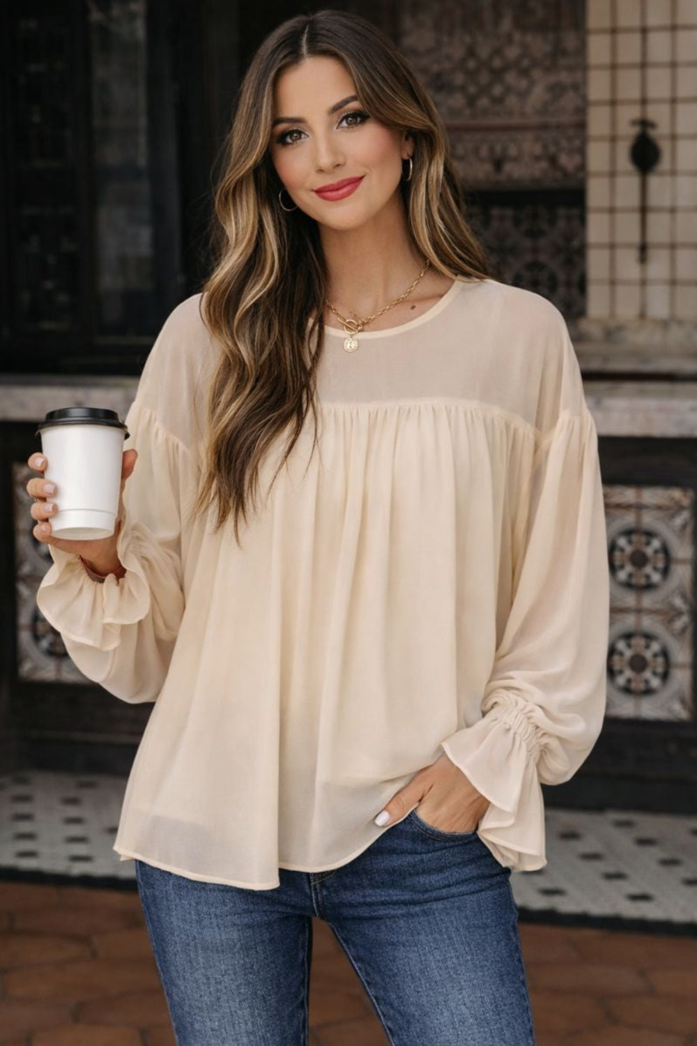 blouse, round neck, drop shoulder, long sleeve, ruffled, sheer arms and shoulders, lined, keyhole closure, oversized, no stretch, front view