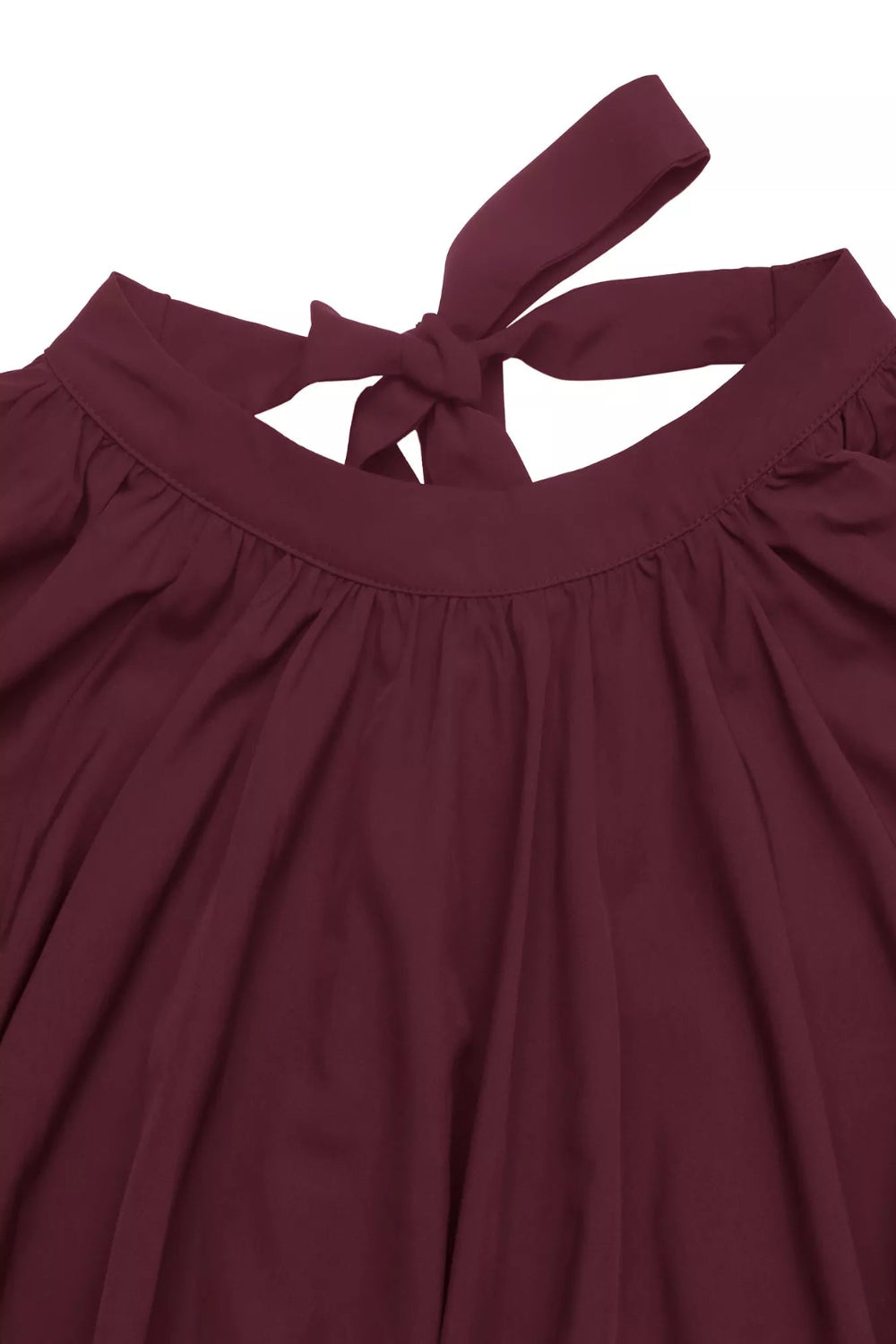 * Top
* Burgundy color
* Mock neck
* Long balloon sleeve
* Elastic cuff and hem
* Tied keyhole closer
* Pleated
* Slightly stretchy