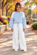 Social Club Pant Set with a light blue cropped sweatshirt, polka-dot shoulder panels, and matching wide-leg drawstring pants front view.