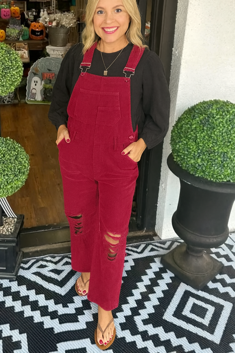 Overalls, corduroy, distressed, straight leg, pocketed, frayed hem, button clasp, no stretch, comes in several colors front view