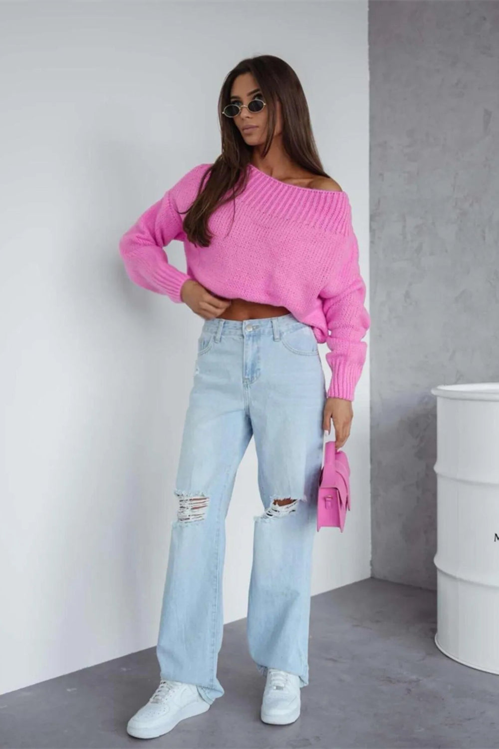 Sweater, pullover, long sleeve, boat neck, oversized, ribbed neck and cuffs, slightly stretchy front view