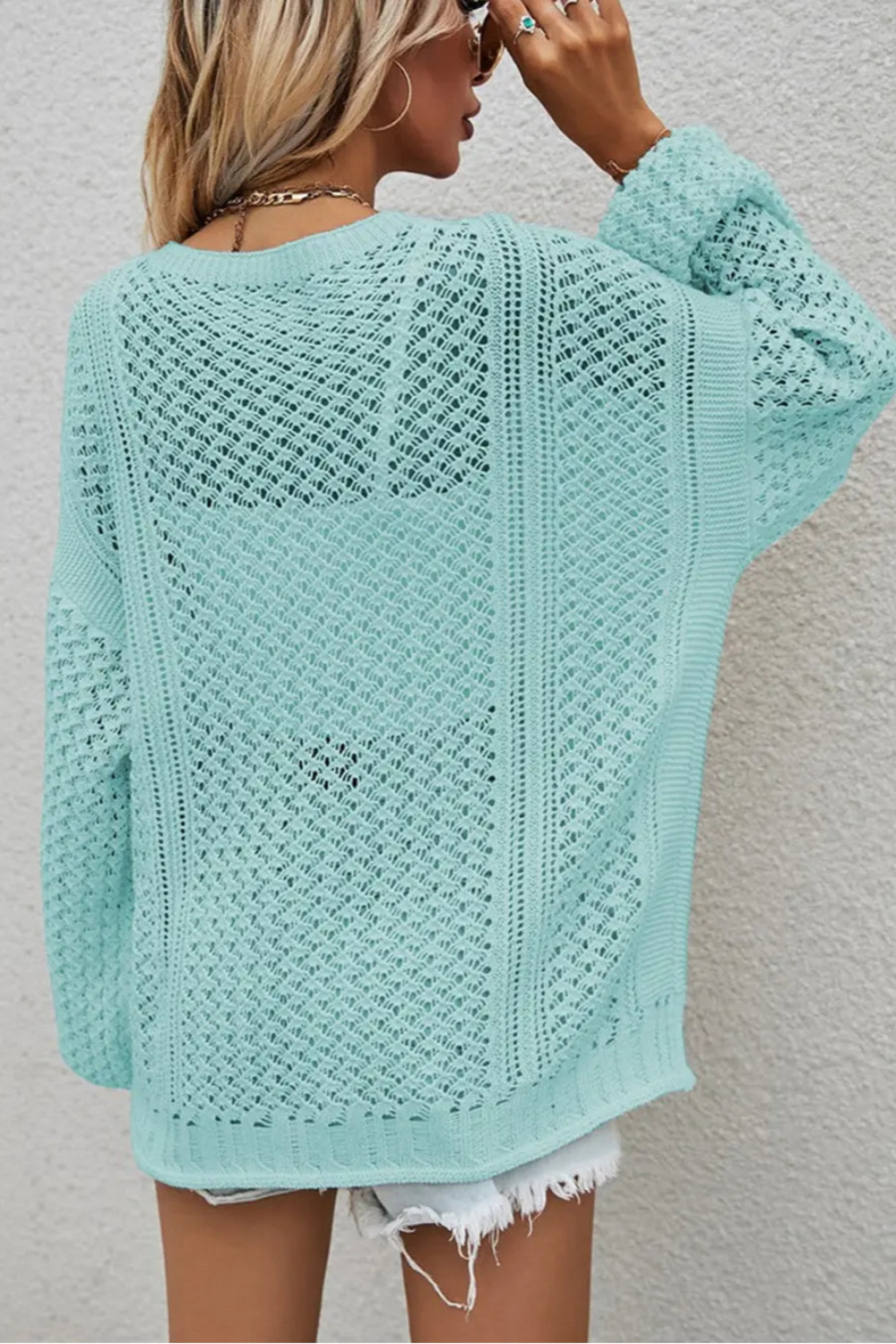 Cardigan, long sleeve, openwork, buttoned, oversized, drop shoulder, stretchy back view