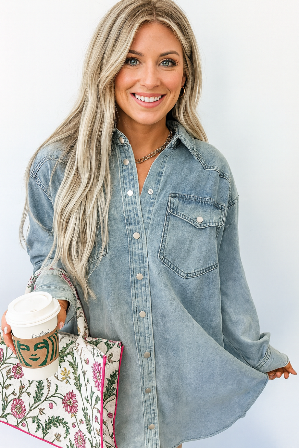 Mini dress, denim, long sleeve, drop sleeve, snaps, front patch pockets, collared neck, a-line, no stretch, front view
