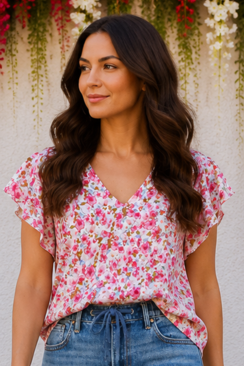 * Pullover
* V-neck
* Flutter sleeve
* Round hem
* Floral print
* No stretch