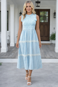 * Midi Dress
* Smocked
* Sleeveless
* Lace
* Tiered
* Round neck
* Unlined
* Stretchy
