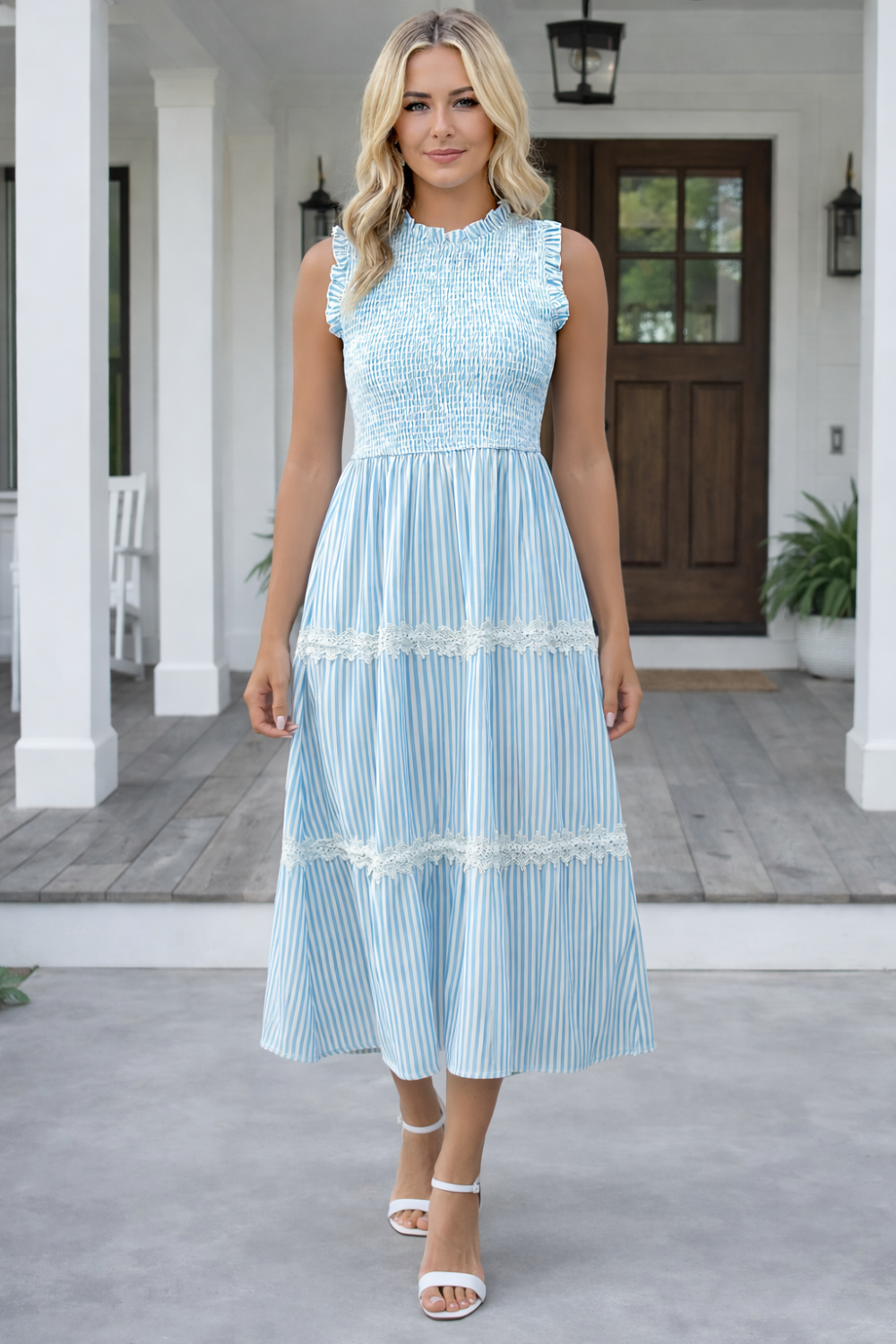 * Midi Dress
* Smocked
* Sleeveless
* Lace
* Tiered
* Round neck
* Unlined
* Stretchy
