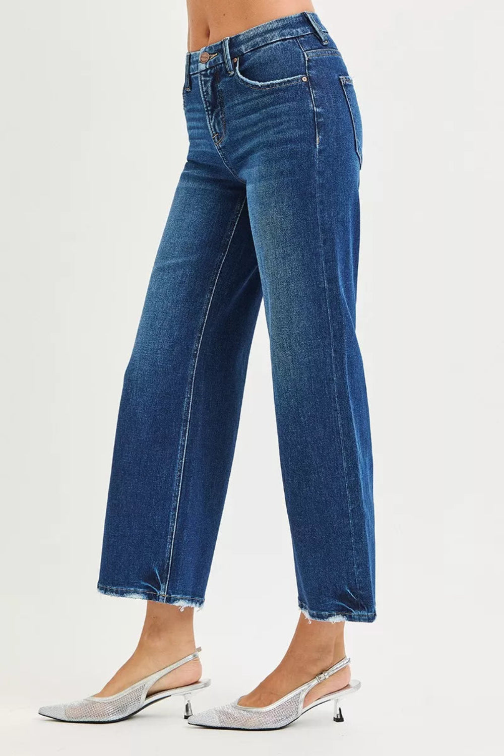 Risen Jeans, high-rise, tummy control, 4-way stretch, cropped, raw hem, wide leg, belt loops, pocketed, button/zipper closure, dark wash, slightly stretchy, side view