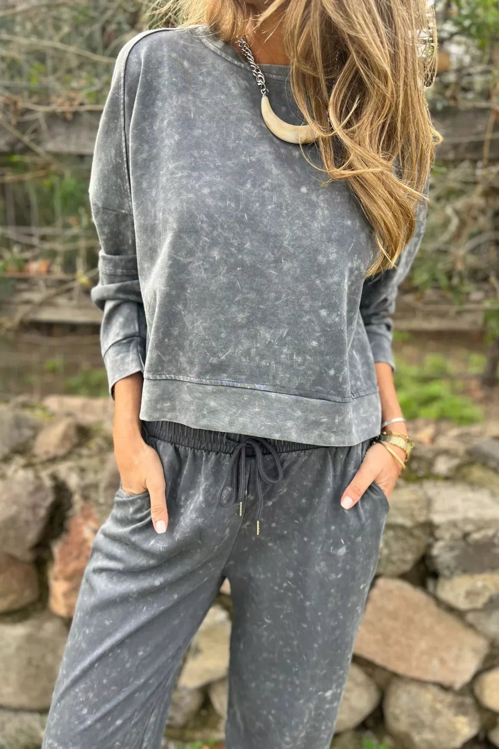 Two-piece pant set, pullover, long sleeve, drop shoulder, round neck, exposed seam,  side slit, elastic waist, drawstring, pocketed, stretchy, front view
