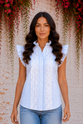 * Ruffled neck
* Flutter sleeve
* Buttoned
* Lace detail
* Textured
* Striped
* No stretch