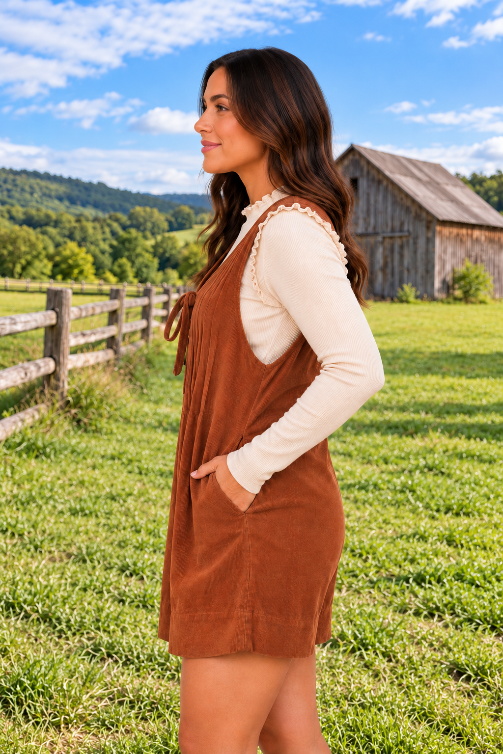 Side view of the As You Were Romper in rust brown corduroy with a tie V-neck, back zipper, pleated details, and side pockets.