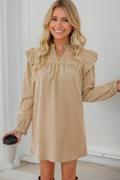 Mini dress, long sleeve, ruffled, v-neck, baby doll design, pullover, unlined, side slit, no stretch, front view
