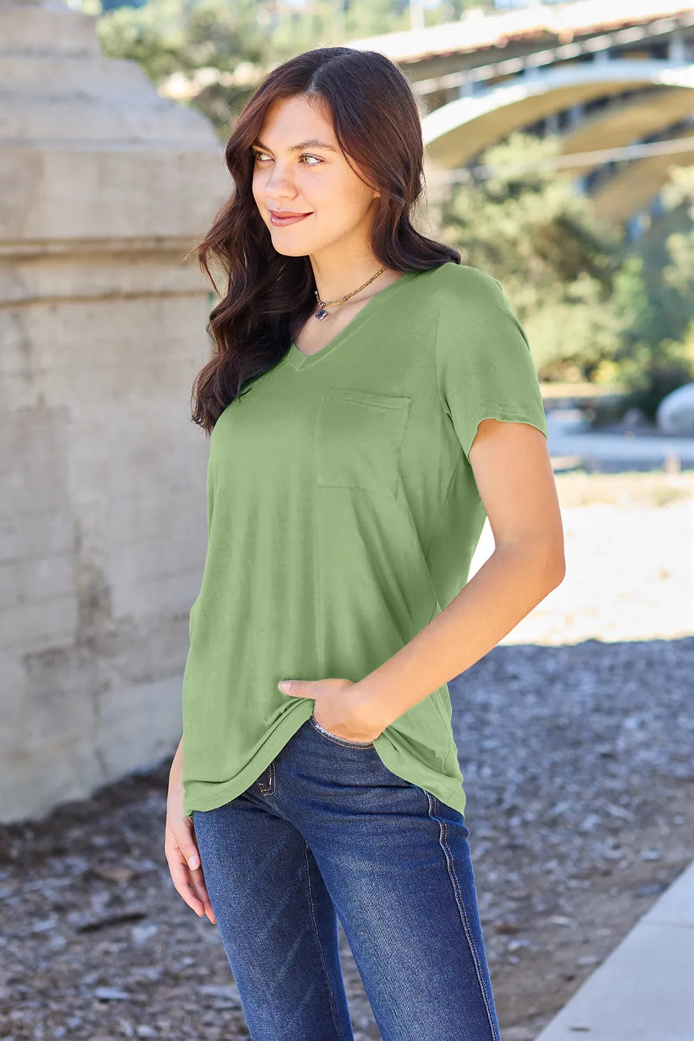 T-shirt, bamboo, v-neck, short sleeve, front pocket, opaque, slightly stretchy front view 
