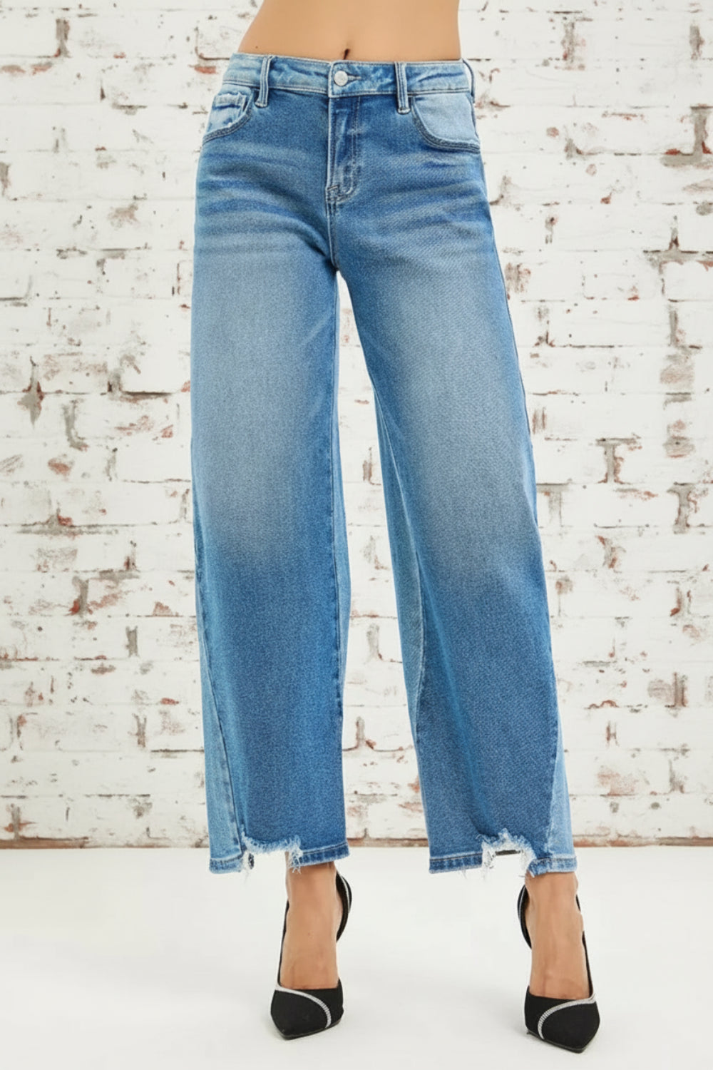 Risen Jeans, full-size, mid-rise, slouchy, cropped, barrel shape, dark combo, raw hem, belt loops, button/zipper closure, pocketed, slightly stretchy, front view