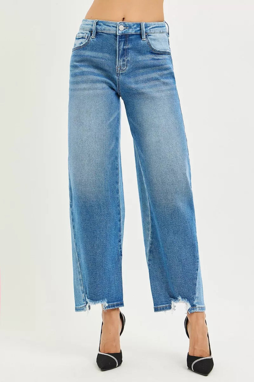Risen Jeans, full-size, mid-rise, slouchy, cropped, barrel shape, dark combo, raw hem, belt loops, button/zipper closure, pocketed, slightly stretchy, front view