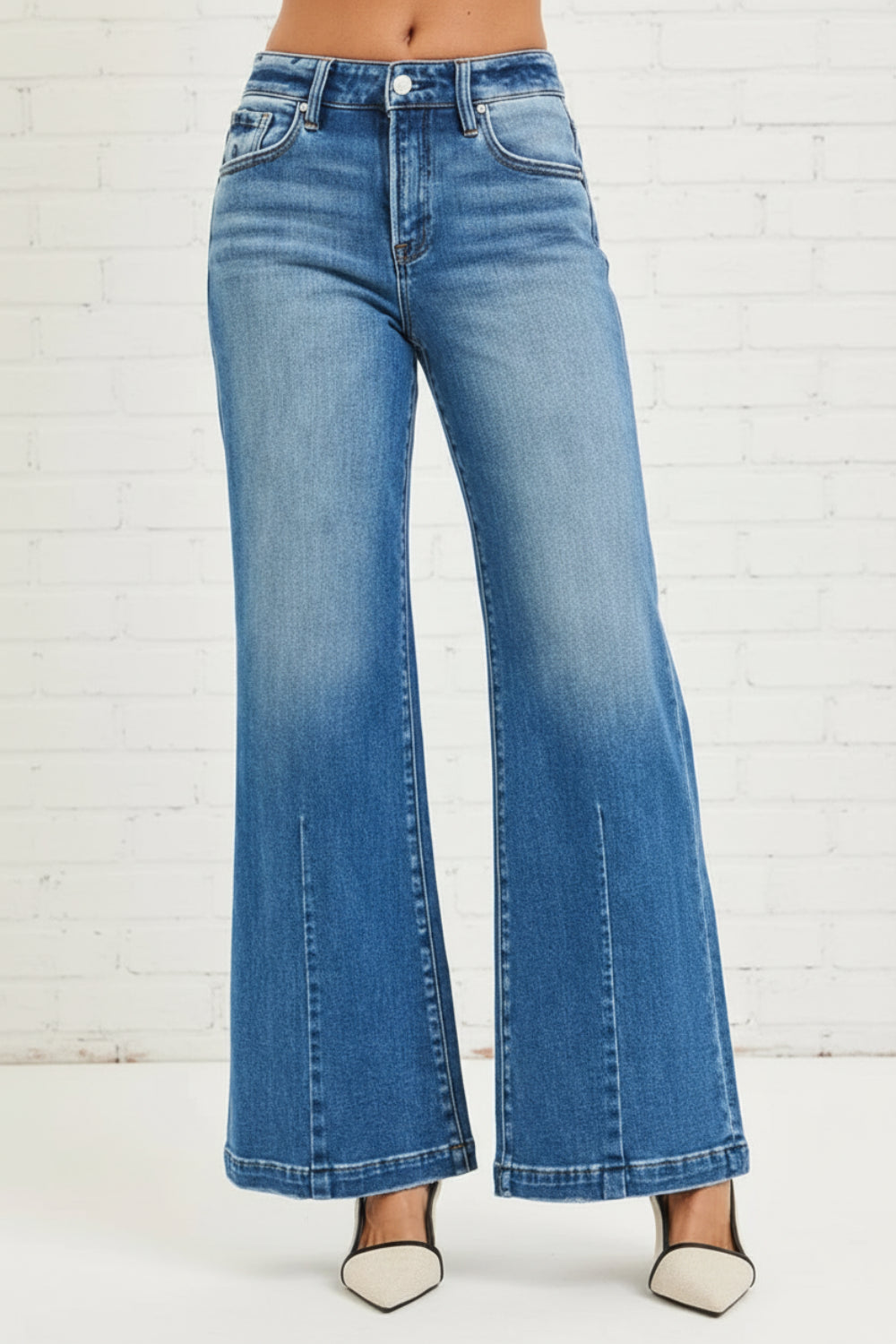 Risen Jeans, full-size, mid-rise, wide leg, flared look, medium wash, belt loops, button/zipper closure, pocketed, bottom dark, slightly stretchy, front view