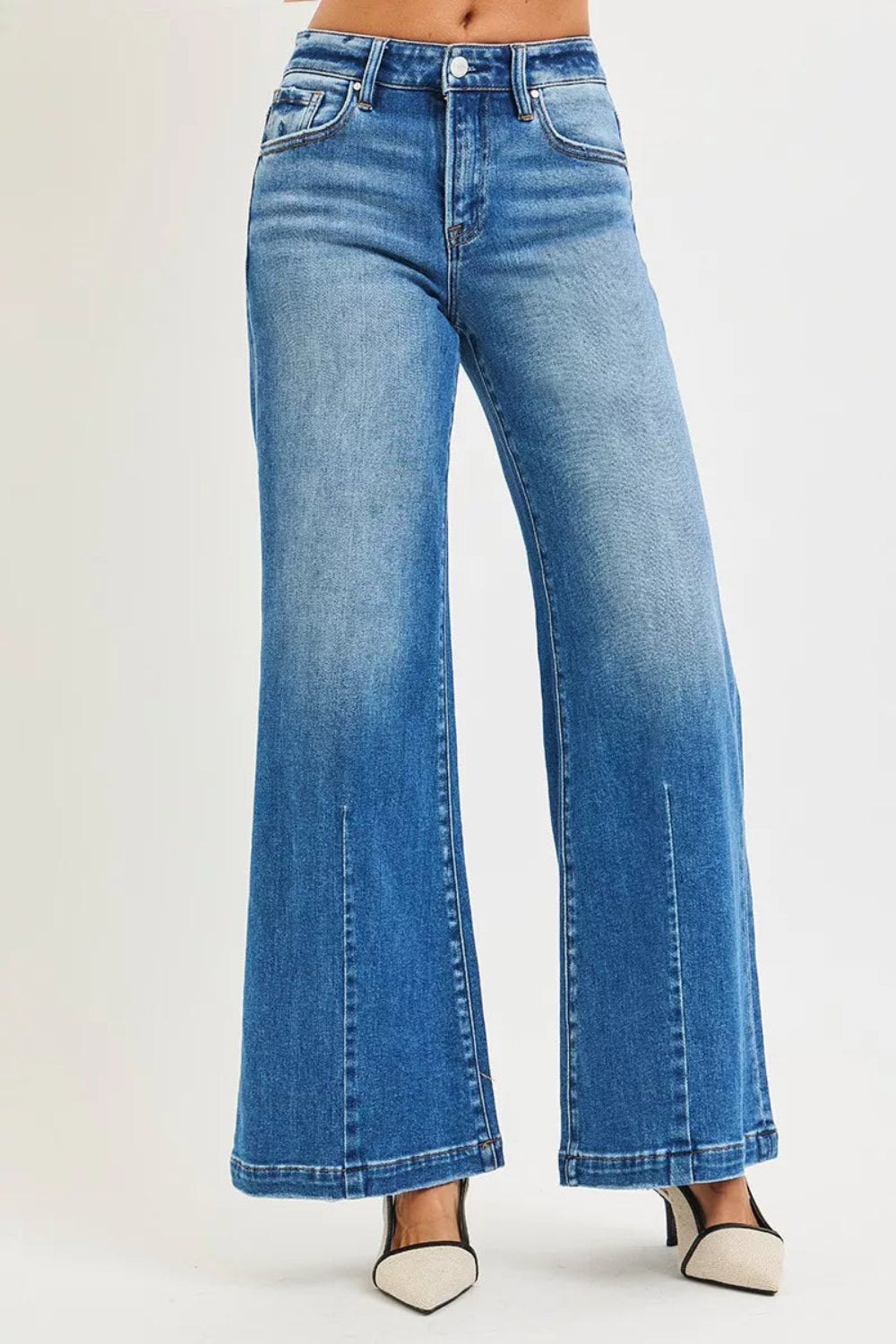 Risen Jeans, full-size, mid-rise, wide leg, flared look, medium wash, belt loops, button/zipper closure, pocketed, bottom dark, slightly stretchy, front view