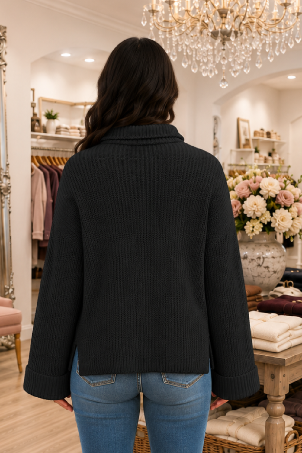 * Sweater
* Mock neck
* Drop shoulder
* Long sleeve
* Cuffed sleeves
* Ribbed
* Split hem
* Oversized
* Slightly stretchy