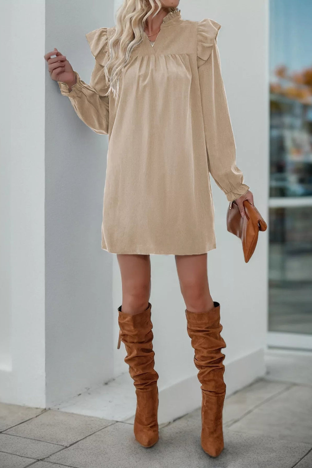 Mini dress, long sleeve, ruffled, v-neck, baby doll design, pullover, unlined, side slit, no stretch, front view
