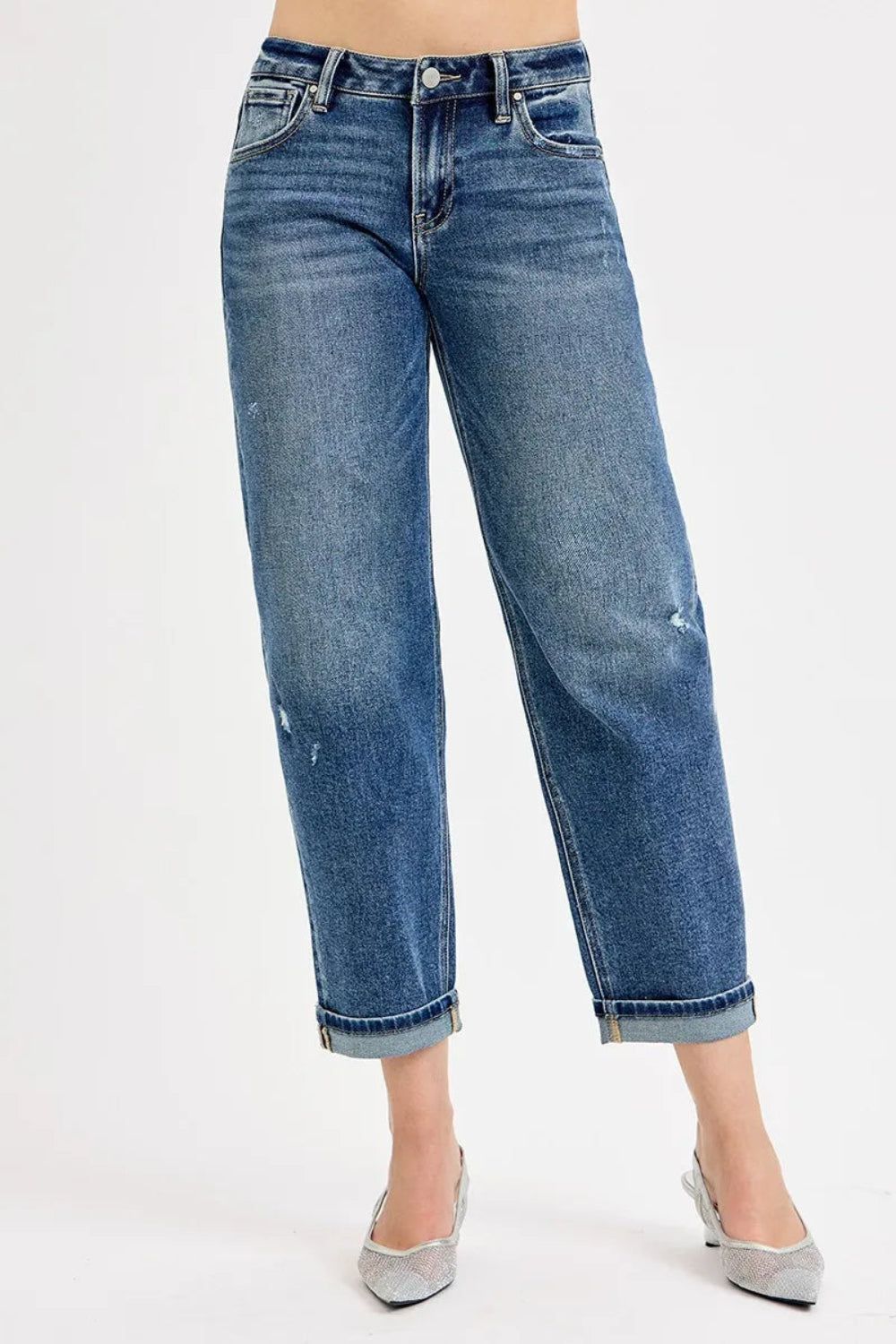 Risen Jeans, full-size, low-rise, vintage medium blue wash, straight leg, cropped, boyfriend fit, distressed details, pocketed, button and zipper closure, slightly stretchy front view