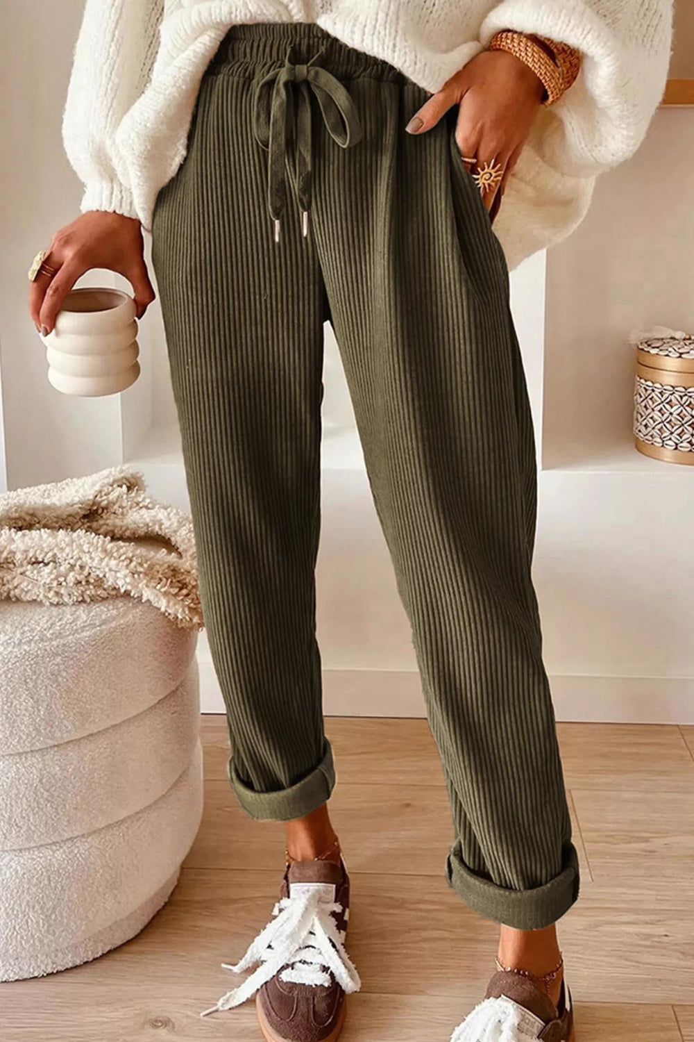 Pants, corduroy, drawstring, pocketed, elastic waist, high-rise, straight leg, no stretch, front view