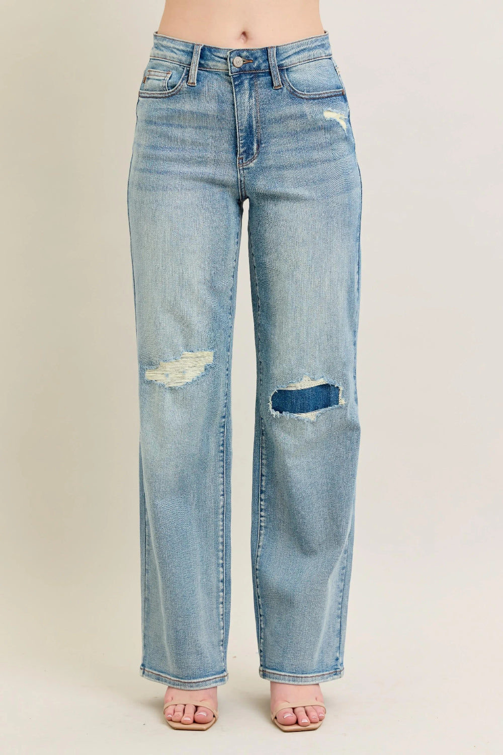 Judy Blue Jeans, full-size, high-rise, destroyed knee patch, distressed, pocketed, button and zipper closure, light wash, slightly stretchy, front view
