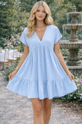 * Mini dress
* V-neck
* Babydoll style
* Cap sleeve
* Ruffle hem
* Unlined
* No stretch