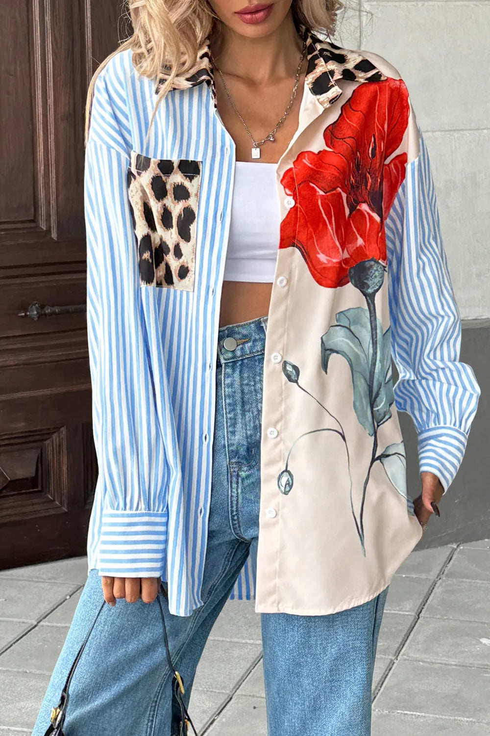 Shirt, oversized, drop shoulder, collared, long sleeve, buttoned, cuffed, pleated, pocketed, leopard floral stripe print, no stretch, front view
