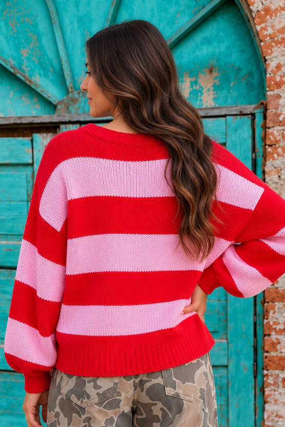 Cherry Crush Sweater in red and pink horizontal stripes, back view showing oversized fit, crew neckline and balloon sleeves.